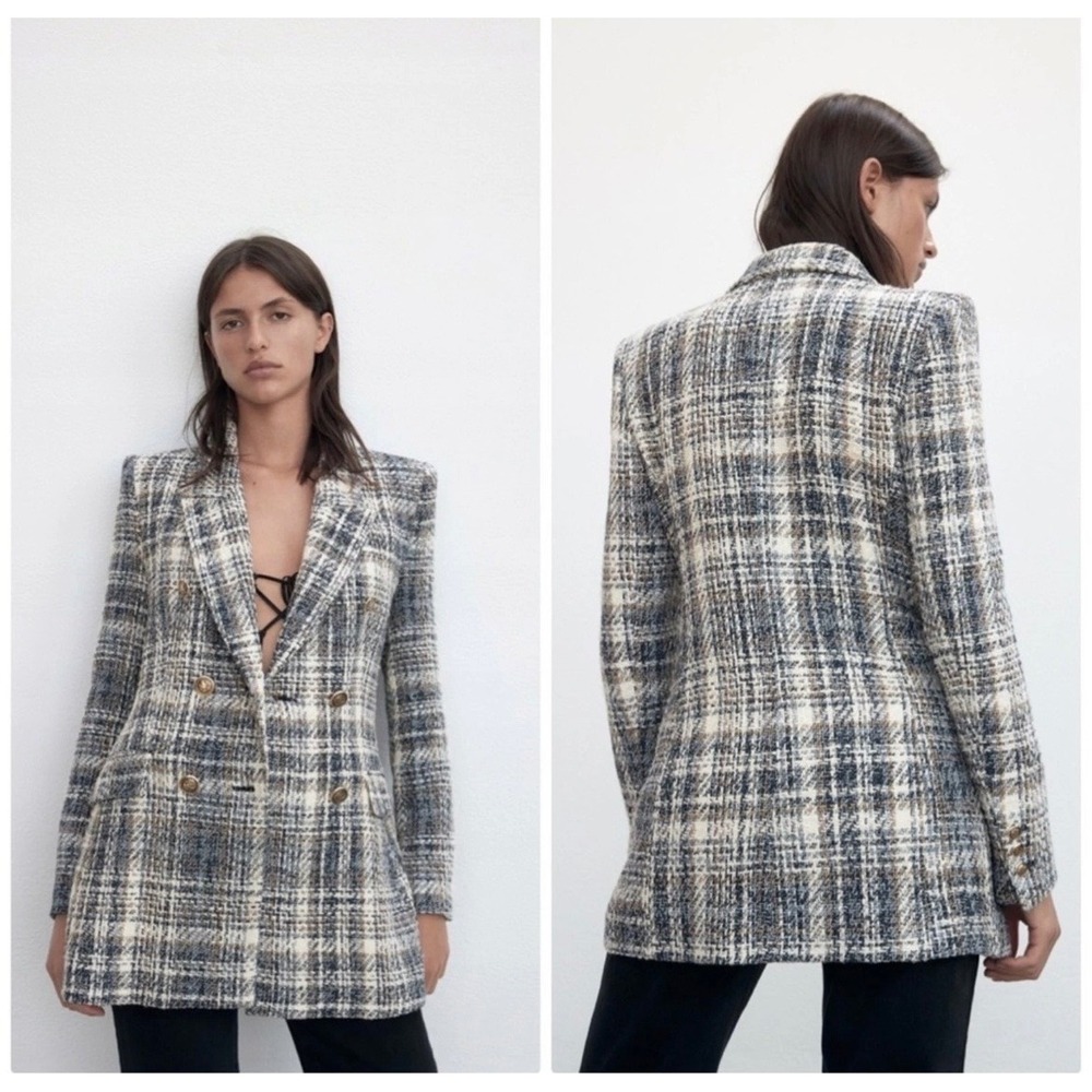 Zara Womens Blue White Tweed Plaid Double Breasted Blazer Gold Crest Buttons M
